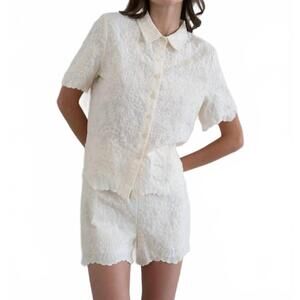 NEW ELLE GREY embroidered collared scalloped hem shirts in cream
